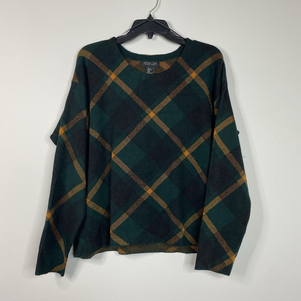 Rachel Zoe Women's XL Green Black Gold Plaid Sweater Long Sleeve Preppy Knit